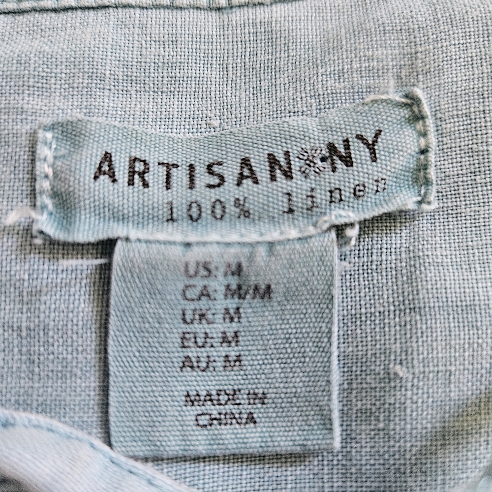 Artisan NY 100% linen blue blouse lace up front coastal Lagenlook size M - Picture 2 of 8
